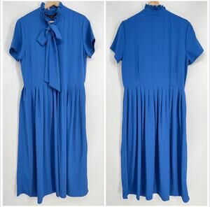 Walter Baker Sammy Dress NEW Womens 10 Blue Crepe Neck Tie Bow Midi Short Sleeve